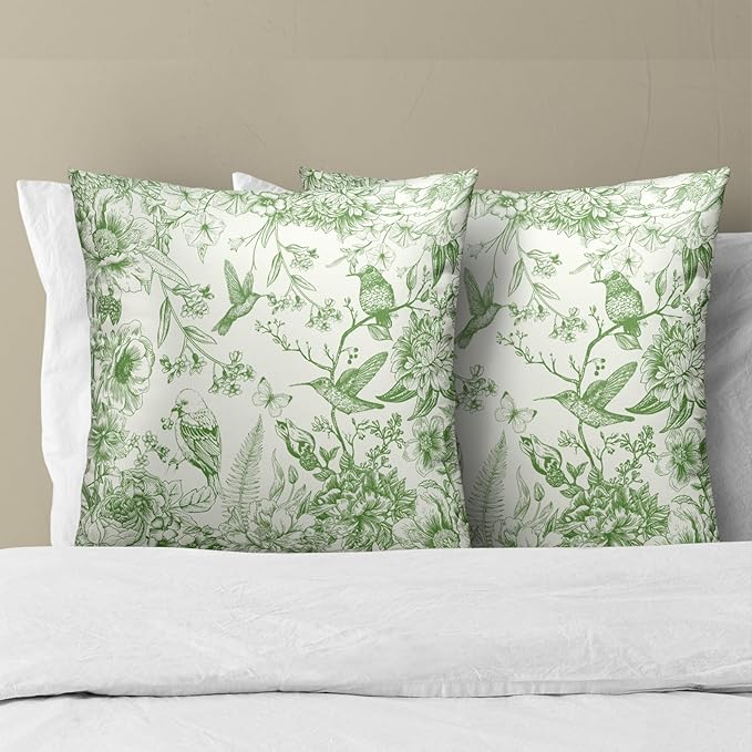 Vintage Floral Throw Pillow Covers 22x22 Inch, Set of 2 Green White Chinoiserie Flowers Square Pillowcases Soft Cotton Cushion Cover for Couch Bed Sofa Car Home Decoration