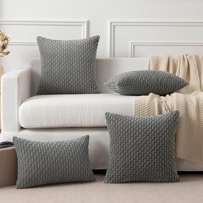 Kevin Textile Throw Pillow Cover Striped Pattern Decorative Soft Corduroy Cushion Covers Stripes for Living Room Set of 2 18x18 Inch Dark Grey