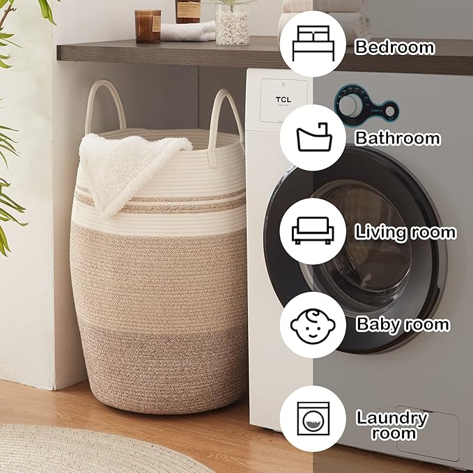 OIAHOMY Laundry Hamper Woven Rope Large Clothes Hamper 25.6" Height Tall Laundry Basket with Extended Handles for Storage Clothes Toys in Bedroom, Bathroom, Foldable (Gradient Yellow)
