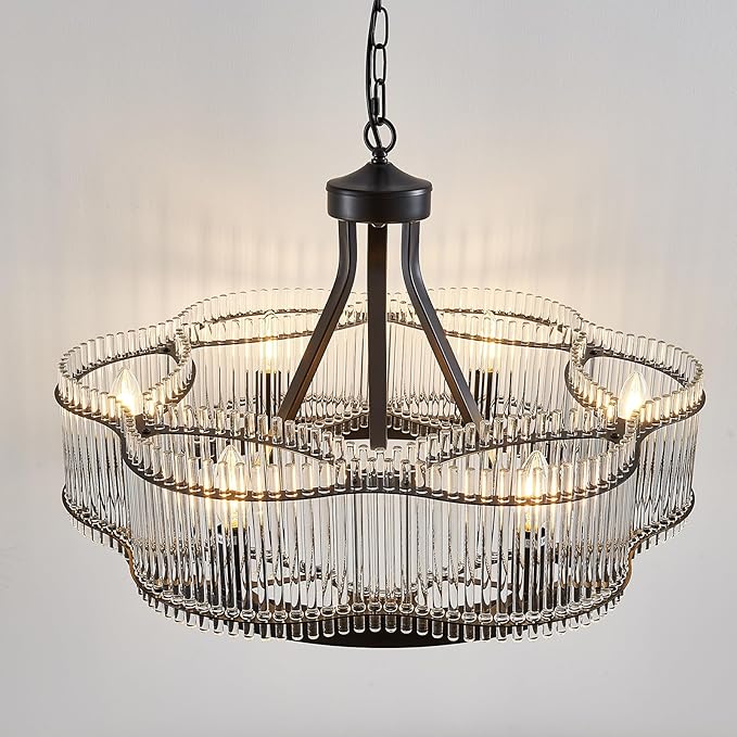 6 Light Modern Crystal Chandelier Dining Room Light Fixture Black Round with Crystal Rods Pendant Lighting Adjustable Farmhouse Wagon Wheel Light Fixture for Living Room,Kitchen,Foyer