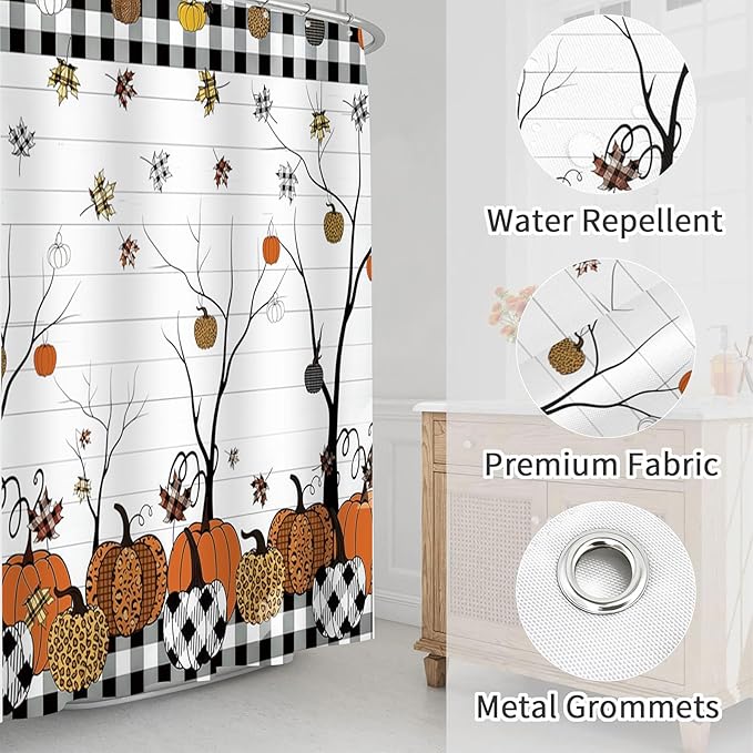 Fall Plaid Pumpkin Shower Curtain Farmhouse Buffalo Plaid Autumn Maple Leaves Thanksgiving Bathroom Curtains Waterproof Polyester Fabric Bath Curtain 72 x 72 Inch with 12 Hooks