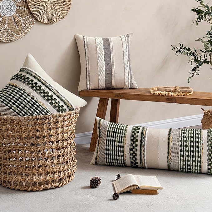 ANRODUO Pack of 2 Boho Decorative Throw Pillow Covers 22x22 Farmhouse Cushion Case Striped Chenille Pillow Cases Square Pillow Covers Accent Neutral Pillowcase for Sofa Couch Bed, Olive Green Stripe