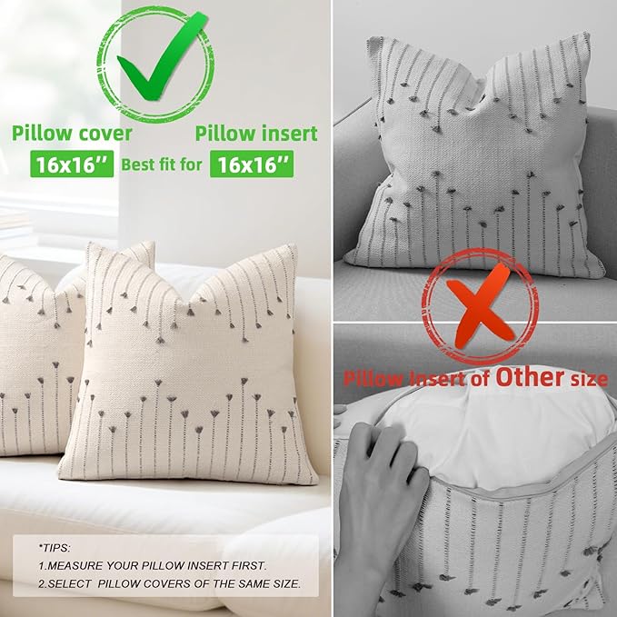 YCOLL Boho Throw Pillow Covers 16x16 Set of 2 Neutral Woven Decorative Pillowcases Cotton Tufted Couch Pillows Modern Farmhouse Accent Cushion Covers for Sofa Couch Bed Living Room Home Decor, Gray