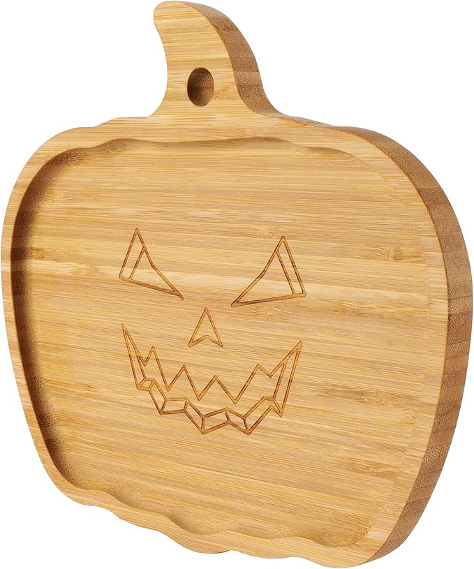 TJ POP Halloween Pumpkin Serving Platter - Spooky Pumpkin Charcuterie Board | 10” x 9” Bamboo Serving Tray | Natural Wood Appetizer Platter for Candy, Snacks, Desserts, Festive Decor & Food Display