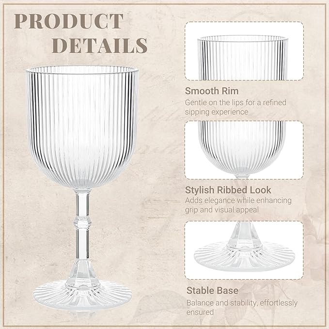 Plastic Wine Glasses 9oz Set of 24, Crystal Clear Ribbed Vintage Goblets Unbreakable Reusable BPA-Free Stemmed Drinking Glasses for Parties, Weddings & Events