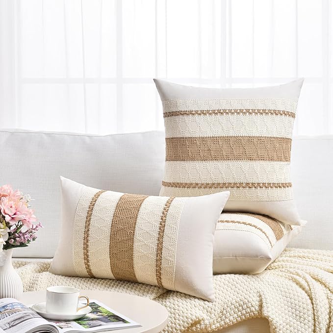 Fancy Homi Set of 2 Boho Neutral Decorative Throw Pillow Cover 22x22 Inch for Couch Bed Sofa, Aesthetic Modern Organic Farmhouse Home Decor, Soft Cotton Cute Accent Macrame Woven Tan Cushion Case
