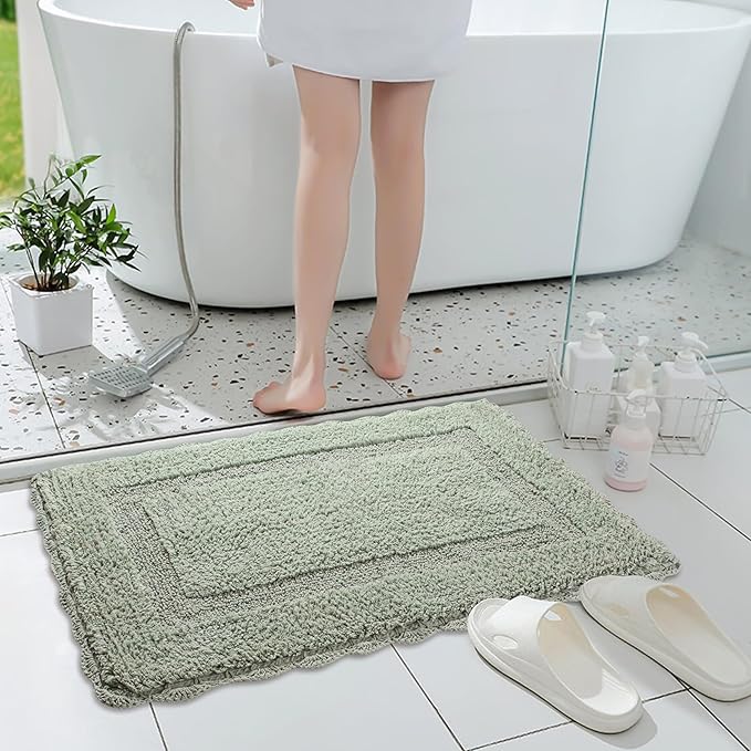 Savi Home Cotton Crochet Bathmat with Antiskid 21x34 Sage Green, 100% Pure Cotton, Super Soft Bath Rug, Plush & Absorbent, Hand Tufted Heavy Weight Construction, Full Reversible Step Out Rugs