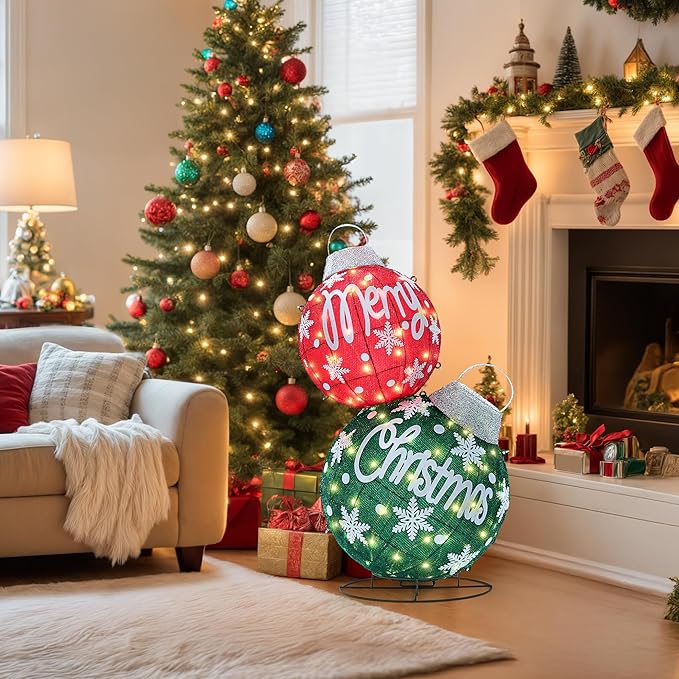 Large Lighted Christmas Ball Ornaments,35Inch 3D Pre-Lit LED Holiday Decor with Base for Outdoor Yard, Garden,Patio-Festive Glow (Red/Green)