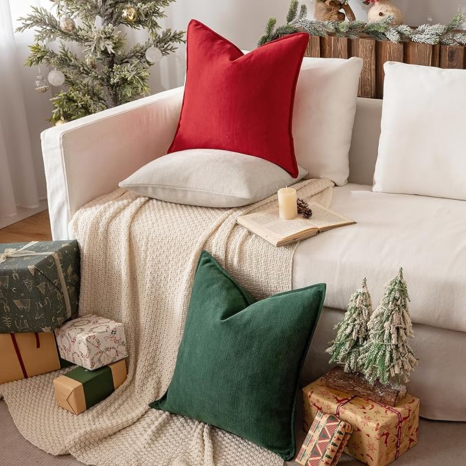 MIULEE Pack of 2 Christmas Green Decorative Pillow Covers 22x22 Inch Soft Chenille Luxurious Couch Throw Pillows Farmhouse Cushion Covers Euro Shams with Elegant Design for Sofa Bedroom Home Decor