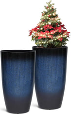 23.75" H Large Tall Outdoor Planters, Set of 2 Plastic Large Flower Pots for Outdoor Plants, with Gradient Cobalt Bule Finish, Weather-Resistant for Porch, Garden, Patio or Indoor Use