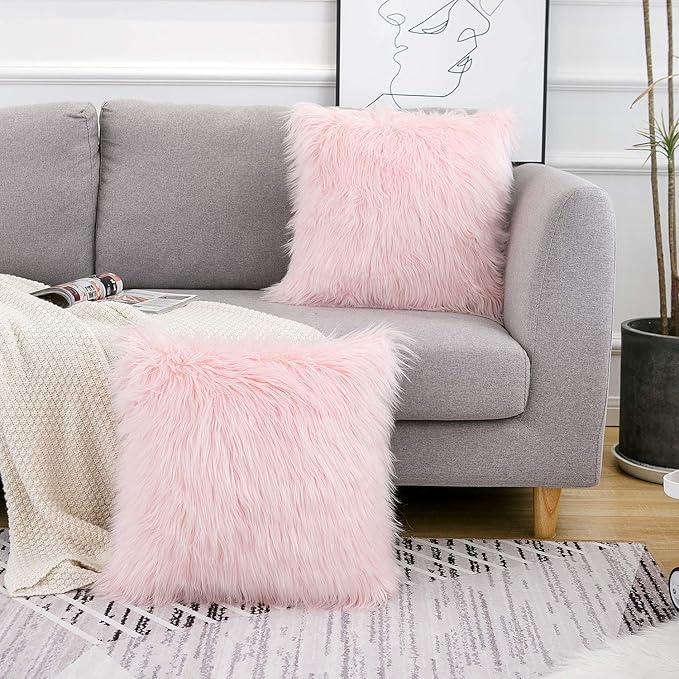 WLNUI Set of 2 Pink Christmas Decorative Fluffy Pillow Covers New Luxury Series Merino Style Blush Faux Fur Throw Pillow Covers Fuzzy Cushion Case for Sofa Bedroom Living Room Home Decor 20x20 Inch