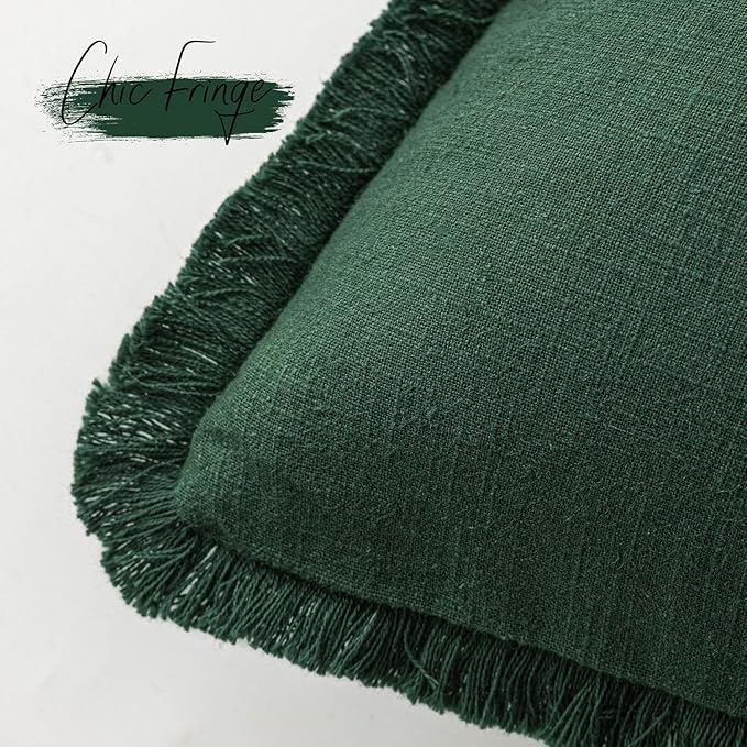 Foindtower Set of 2 Decorative Linen Fringe Throw Pillow Covers Cozy Boho Farmhouse Cushion Cover with Tassels Soft Accent Pillowcase for Couch Sofa Bed Living Room Home Decor, 16×16 Inch, Pine Green