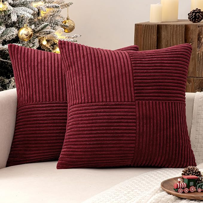 MIULEE Christmas Burgundy Corduroy Pillow Covers Pack of 2 Boho Decorative Spliced Throw Pillow Covers Soft Solid Couch Pillowcases Cross Patchwork Cushion Covers for Living Room Bed Sofa 20x20 inch