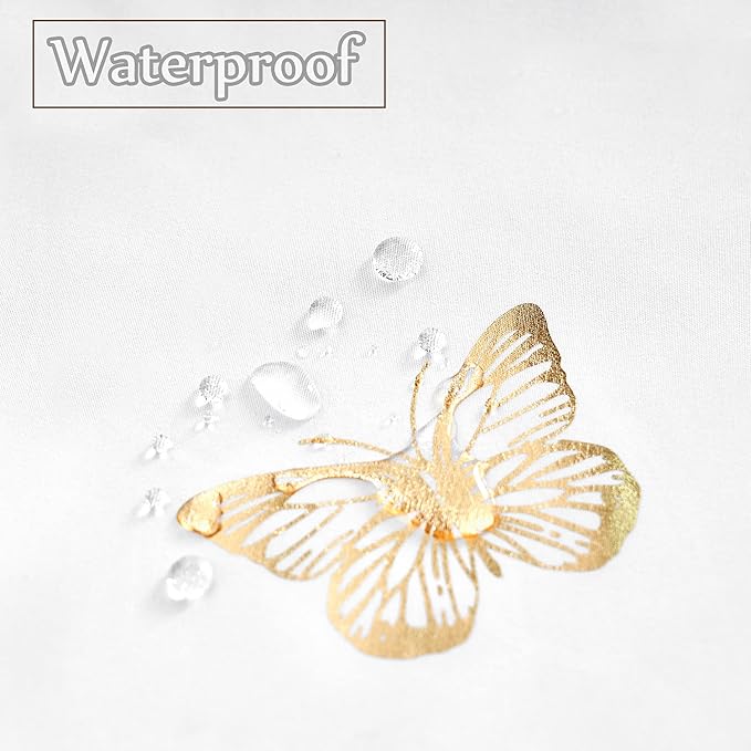 Jubilantex Gold Butterfly Shower Curtain for Bathroom, White Farmhouse Waterproof Bathroom Decorative Rustic Kids Shower Curtain with 12 Rust Proof Grommets for Spa Hotel, 70x72 Inches