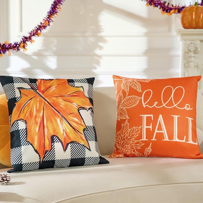 Fall Throw Pillow Covers 18x18 in Set of 4,Pumpkin Linen Pillow Case for Thanksgiving Couch Autumn Holiday Outdoor Burnt Orange Blue White Decorations