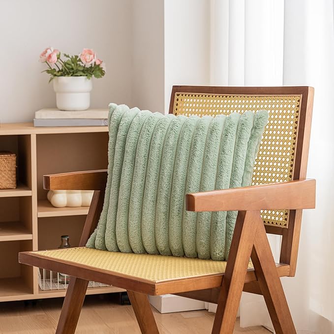 Double-Sided Faux Fur Plush Throw Pillow Covers 18x18 Set of 2 Fuzzy Striped Soft Cozy Pillowcase Luxury Decorative Pillows Christmas Square Cushion Covers for Couch Sofa Bed,Sage Green
