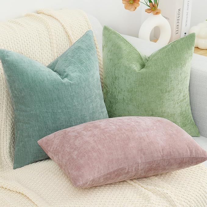 decorUhome Chenille Sage Green Throw Pillow Covers 22x22 Inch Set of 2, Decorative Soft Couch Pillow Covers Solid Dyed Accent Velvet Farmhouse Neutral Square Pillow Cases for Sofa Bed Living Room