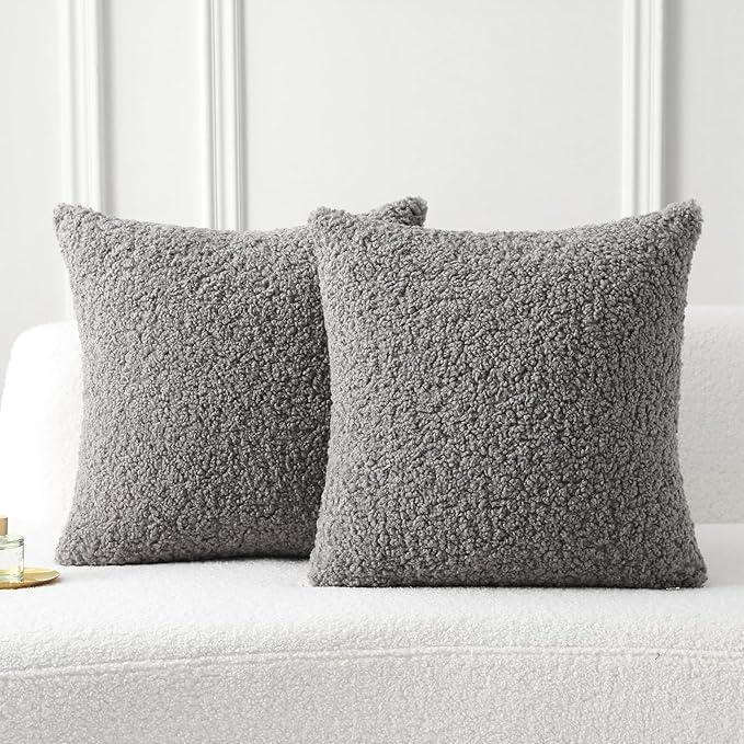 FUTEI Dark Grey Throw Pillow Covers 26x26 Inch Set of 2,Furry Faux Fur Teddy Boucle Textured Cushion Covers,Soft Fluffy Decorative Euro Pillow Shams,Home Decor for Couch Bed Living Room Office Car