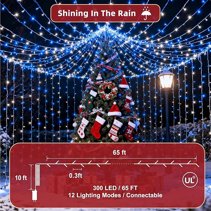300 LED Outdoor Christmas Lights 75ft, 12 Lighting Modes Indoor String Lights Dimmable & Timer Memory, Outsite Waterproof Tree Lights for Xmas Garden Wedding Party Holiday Decorations Blue & White
