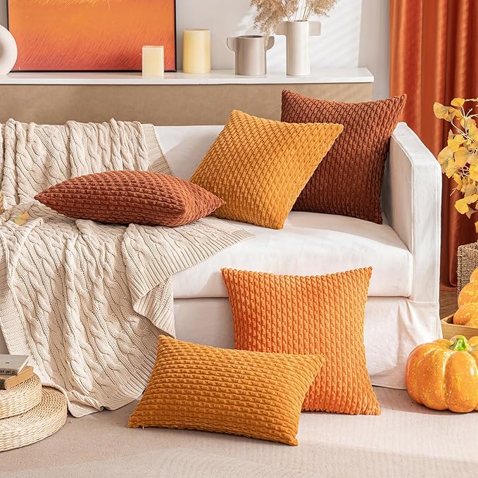 MIULEE Orange Throw Pillow Covers Soft Corduroy Decorative Euro Sham Set of 2 Boho Striped Pillow Covers Pillowcases Farmhouse Home Decor for Halloween Couch Bed Sofa Living Room 24x24 Inch