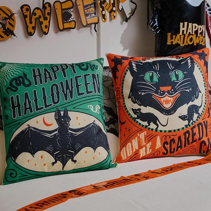 Vintage Halloween Decor-Throw Pillow Covers 18x18 in set of 4,Retro Linen Pillow Case with Scaredy Cats Pumpkins Skull Bats for Couch Fall Holiday Outdoor Burnt Orange Green Black Decorations