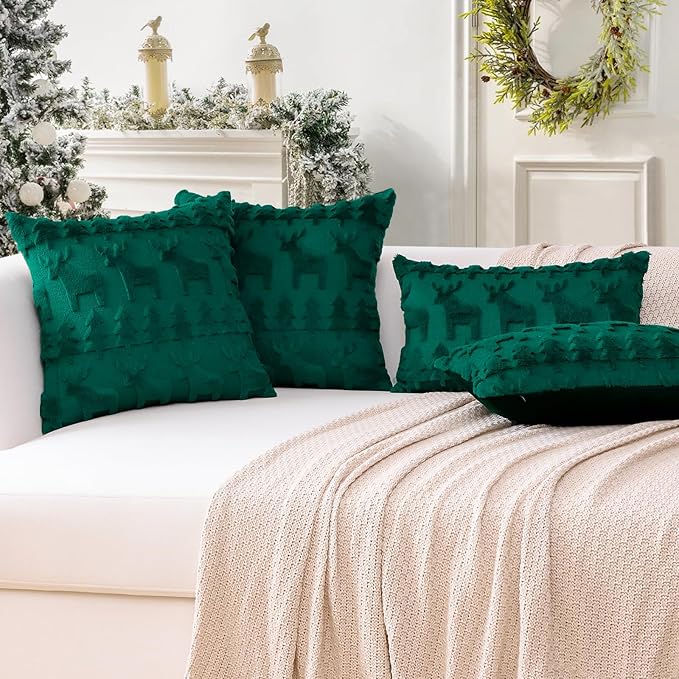 OTOSTAR Set of 2 Xmas Soft Plush Short Wool Velvet Decorative Throw Pillow Covers Square Luxury Style Cushion Case Pillow Shell for Sofa Bedroom Christmas Tree and Elk Green, 14x14 Inch