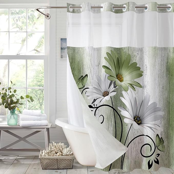 Muuyi Sage Green Watercolor Floral Shower Curtain,No Hook Shower Curtain,Polyester Shower Curtains with Snap in Fabric,Sheer Top Window for Bathroom Decor,Waterproof & Washable,72W x 75L Inch