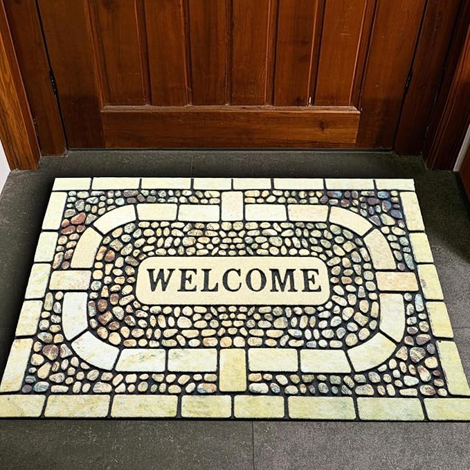 Door Mat Welcome Mat, Heavy Duty Door Mat 23.6 x 35.4 Inch Front Rug Doormat for Outdoor Entrance Home Non-Slip Rubber Rug for Front Door, Outside, Entryway, Patio (Yellow Welcome)