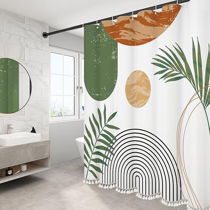 Boho Mid Century Leaf Shower Curtain Set,Arch Sun Design,Minimalistic Leaves Pattern,Waterproof and Luxurious Fabric-12 Hooks(Green-72" x 84")