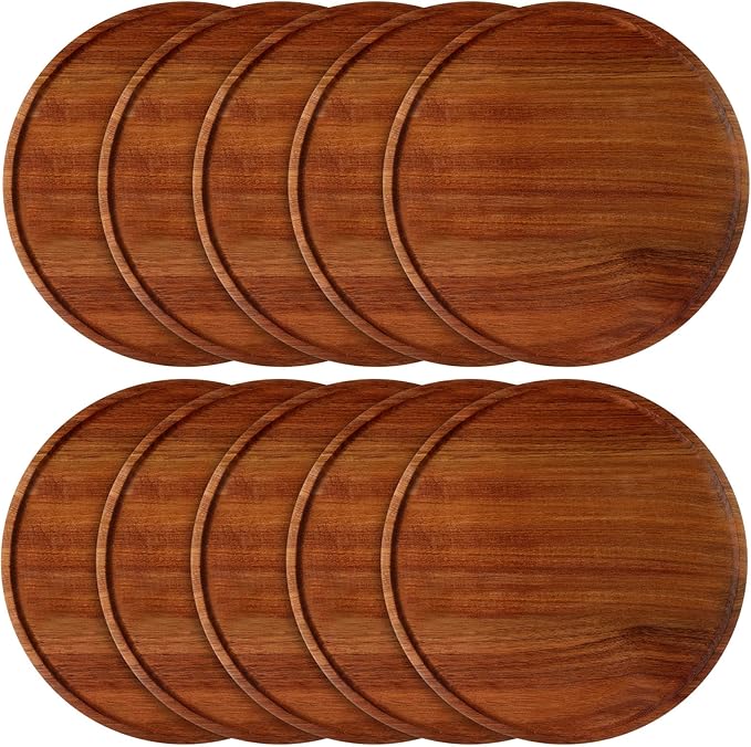 Rtteri 10 Pieces Acacia Round Wood Plates 14 x 0.6 Inch Dinner Plates Wooden Charger Platter Bulk Easy Cleaning Lightweight Serving Tray for Dishes Snack Dessert