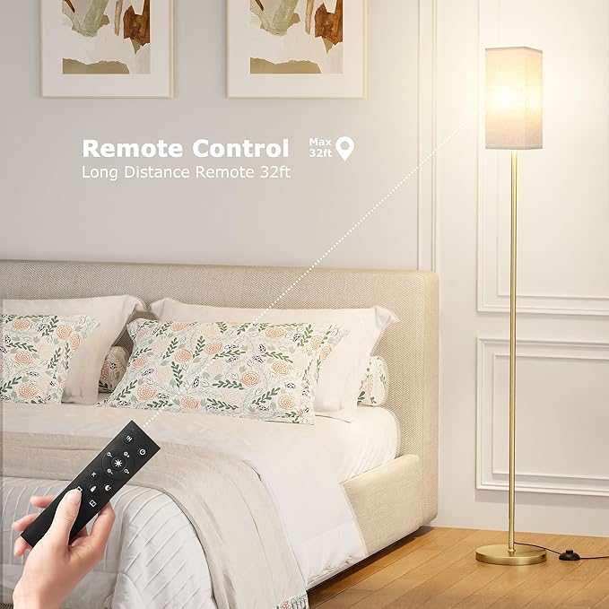 Ambimall Remote Control Floor Lamp, Stepless Dimmable, 64 Inches Tall, Include 9W Bulb, Standing Lamp for Living Room Bedroom Office (Light Beige & Gold)
