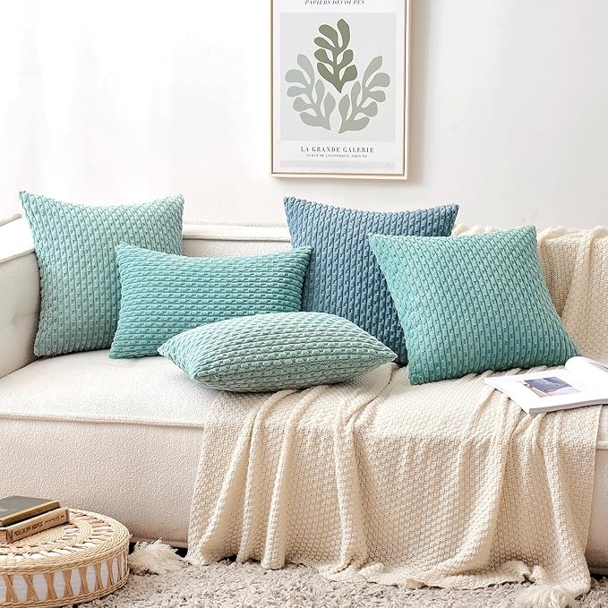 MIULEE Pack of 2 Decorative Throw Pillow Covers 18x18 Inch Soft Boho Striped Textured Corduroy Pillow Covers Modern Farmhouse Home Decor for Couch Bed Sofa Living Room Turquoise