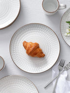 Famiware Eden Plates and Bowls Sets, Stoneware Dinnerware Sets with Gold Trim, 24 Pieces Dishes Set for 8 - Chip and Scratch Resistant, Microwave and Dishwasher Safe, White Circle