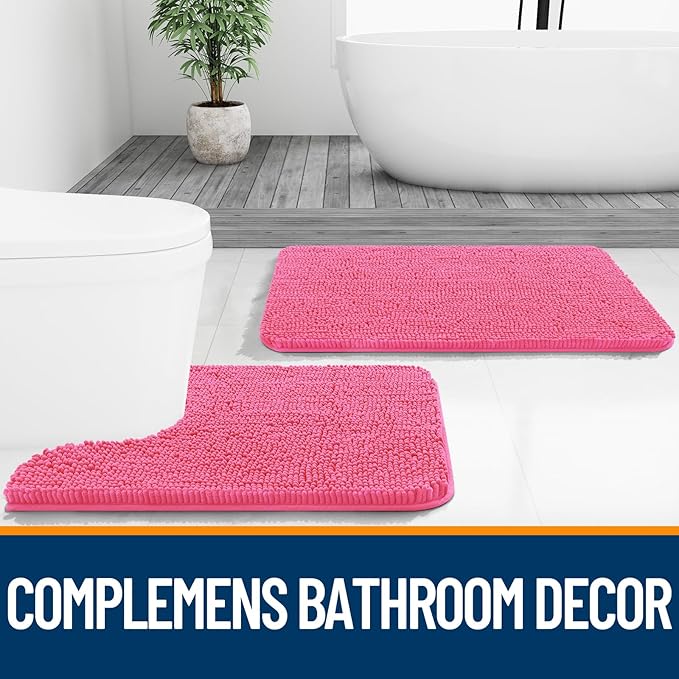 OLANLY Bathroom Rugs 59x20, Extra Soft Absorbent Chenille Bath Rugs, Rubber Backing Quick Dry, Machine Washable Bath Mats for Bathroom Floor, Tub and Shower, Home Decor Accessories, Hot Pink