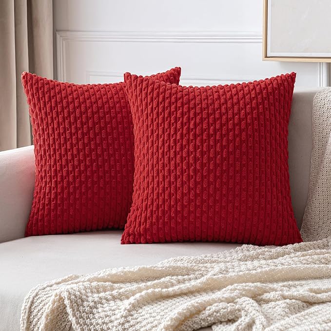 MIULEE Christmas Red Throw Pillow Covers Soft Corduroy Decorative Set of 2 Boho Striped Pillow Covers Pillowcases Farmhouse Home Decor for Couch Bed Sofa Living Room 16x16 Inch