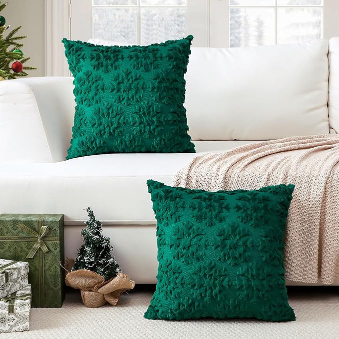 OTOSTAR Set of 2 Xmas Soft Plush Short Wool Velvet Decorative Throw Pillow Covers Square Luxury Style Cushion Case Pillow Shell for Sofa Bedroom Snowflake Green, 18x18 Inch