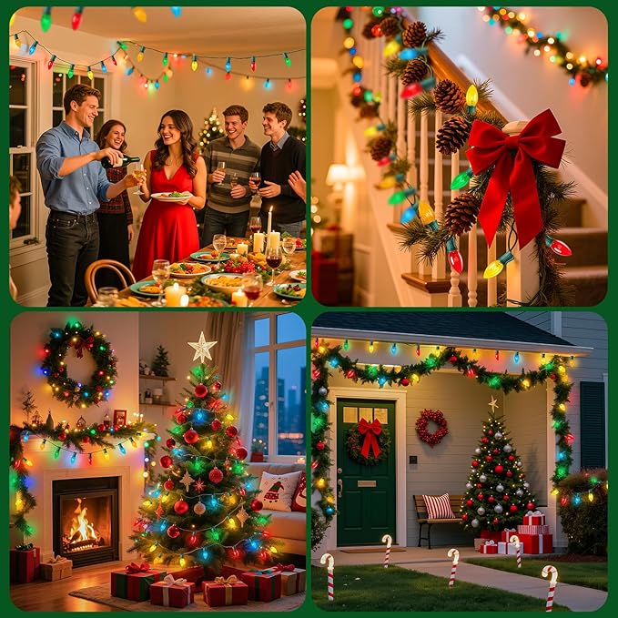 C9 Bulb String Lights Outdoor 50 Feet Multicolored Christmas Lights Green Wire for Outdoor Patio Room Christmas Tree Party Backyard Decoration, E17 Base, 50 +2 Bulbs
