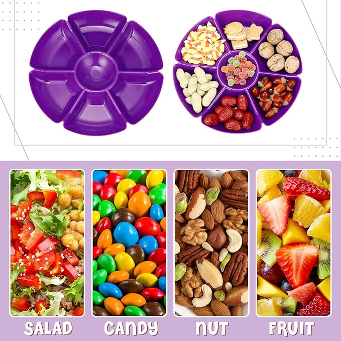Zhehao 6 Pcs Plastic Divided Serving Trays with 60 Pcs Disposable Fork, 7 Compartments Round Chip Dip Plate, Petal Shape Platter, 10.6'' Snacks Serving Dish for Party Candy Nuts Fruits (Classic Color)