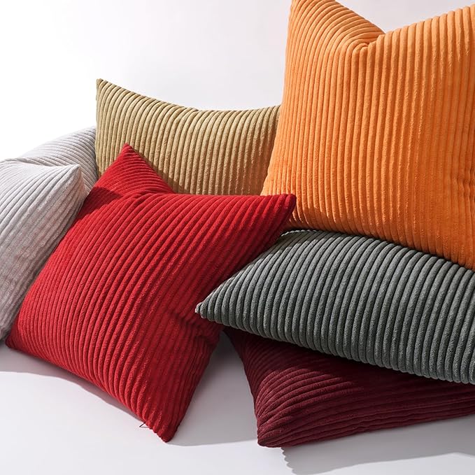 MIULEE Pack of 2 Orange Pillow Covers 14x14 Inch Soft Boho Striped Corduroy Throw Pillow Covers Set Decorative Square Cushion Cases Pillowcases for Sofa Bedroom Couch