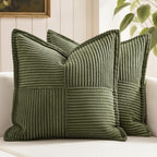 MIULEE Decorative Throw Pillow Covers for Couch Bed Livingroom 20x20 Inch Set of 2 Olive Green Boho Accent Throw Pllows Broadside Striped Patchwork Soft Corduroy Summer Pillowcases
