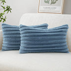 MIULEE Faux Fur Lumbar Decorative Throw Pillow Covers 12x20 Inch Set of 2, Coastal Modern Art Home Decor Soft Plush Couch Pillows Cozy Fluffy Cushion Covers for Sofa Bed Grey Blue