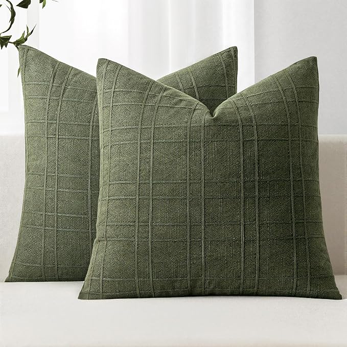 MIULEE Decorative Linen Check Throw Pillow Covers Neutral Farmhouse Vintage Christmas Pillow Covers 18x18 Set of 2 Boho Modern Home Decor for Sofa Couch Bedroom Cushion Dark Olive Green
