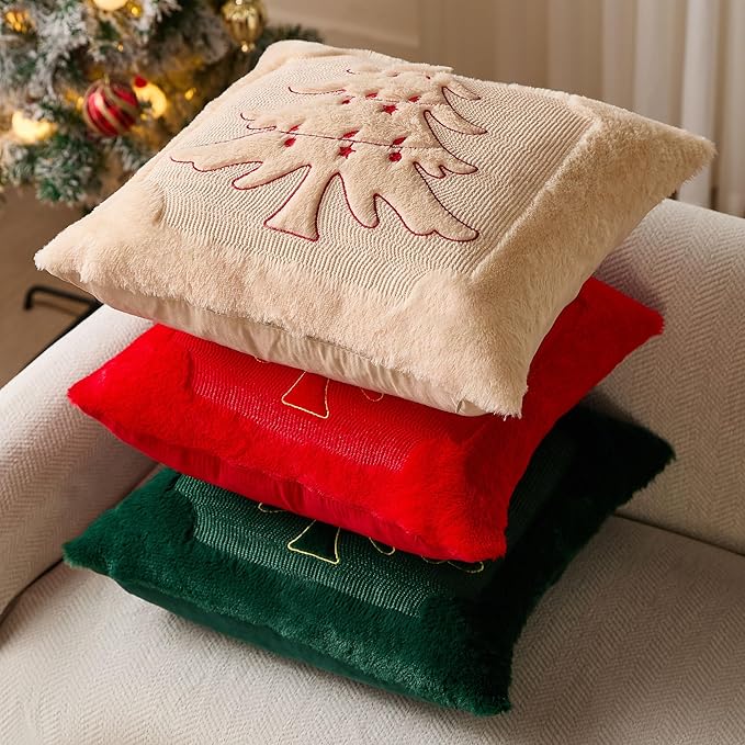 DFXSZ Christmas Pillow Covers 18x18 Yellow Star Light Red Christmas Tree Decoration Soft Plush Faux Fur Jacquard Throw Pillows for Bedroom Sofa Holiday Festivals Winter Home Decor PTK067B18
