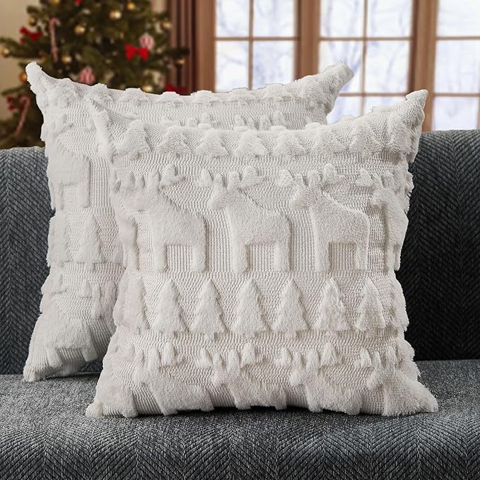 DFXSZ Christmas Pillow Covers 20x20 inch Set of 2 Cream White Christmas Tree Elk Decoration Soft Plush Faux Fur Jacquard Throw Pillows for Bedroom Sofa Holiday Festivals Winter Home Decor PTK069E20