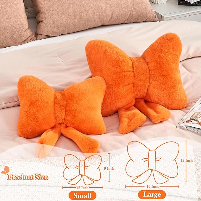 Bow Pillow, Soft Bow Decorative Pillows with Faux Rabbit Fur, Cute Bow Throw Pillows, Aesthetic Home Decor Bow Shaped Plush Pillow for Bedroom Sofa Couch (Orange, Small-12 Inch)