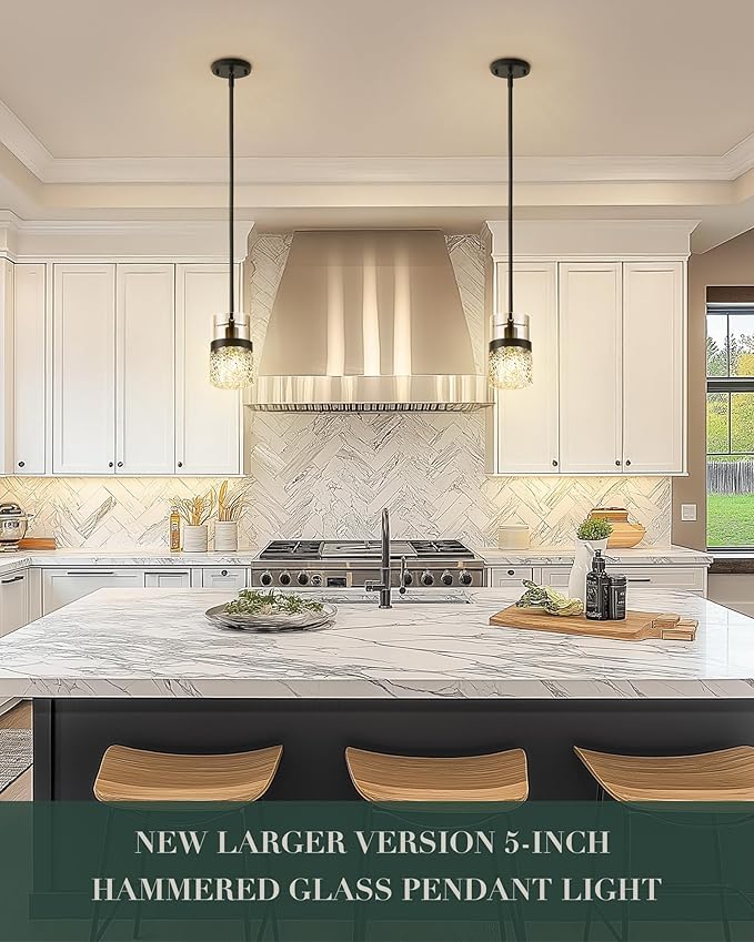 LMS 5 Inch Dia Black Pendant Light, Modern Hanging Lamp for Kitchen Island with Adjustable Rod, Medium Linear Light Fixtures with Hammered Glass, LMS-171PL-BKM