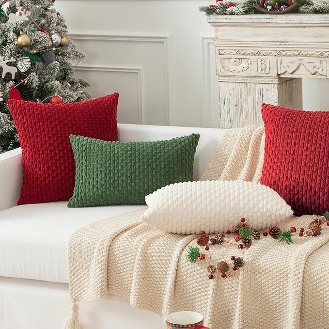 Kevin Textile Christmas Red Decorative Throw Pillow Covers 2 Packs 20"x20" for Living Room Couch Bed Sofa, Soft Striped Corduroy Square Cushion Case 50x50 cm Rustic Farmhouse Boho Home Decor