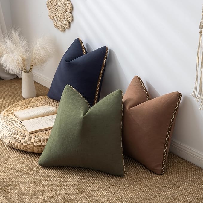 Decorative Neutral Linen Throw Pillow Covers 18x18 Inch Set of 2, Navy Blue Boho Farmhouse Pillow Covers with Braid Fringe for Sofa Bed Modern Couch Pillow Cases for Organic Home Decor