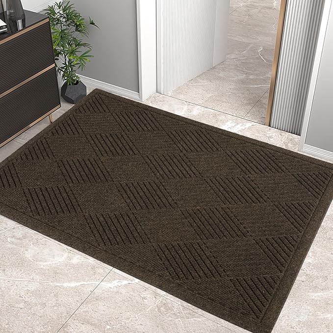 Sturdy Front Door Mat, Absorbent Muddy Dirt Resist Welcome Door Mats Outdoor Indoor, Stain and Fade Resistant, Non-Slip Rubber Backing Low Profile Doormat for Entryway, 36×24, Brown