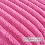 FUTEI Hot Pink Striped Decorative Throw Pillow Covers 22x22 Inch Set of 2,Square Winter Decorations Couch Pillow Case,Soft Cozy Faux Rabbit Fur & Velvet Back,Modern Home Decor for Bed